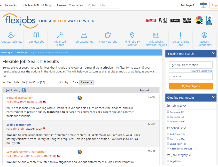 flexjobs search for transcription jobs